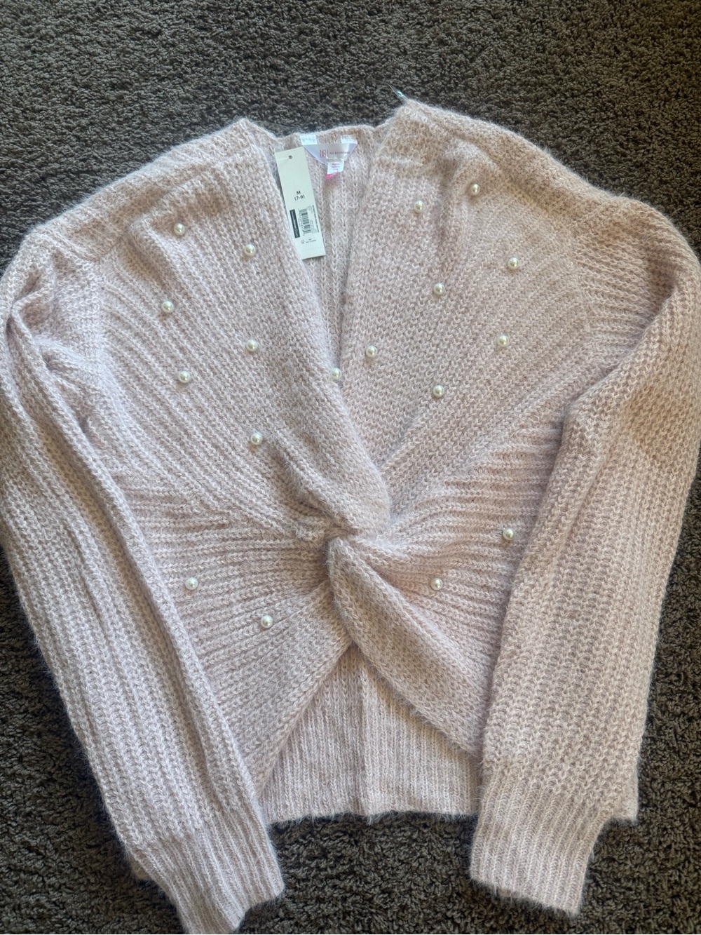 No Boundaries Pearl-Embellished Twist Front V-Neck Sweater - Light Pink